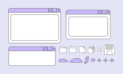 Set of retro digital screen user interface in y2k, 90s, 00s style. Old computer windows and icons. Vector illustration in retrowave aesthetic