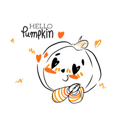 Hello pumpkin, handwritten quotes, cute illustration with funny pumpkin with heart eyes
