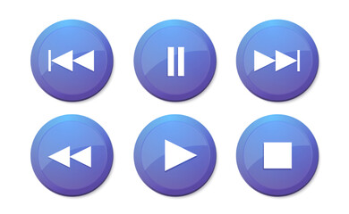 Online music player vector buttons. Modern design ui play stop button. Blue graphic interface isolated button set. Video app click icons on white background. Playlist control signs