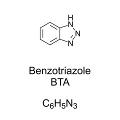 Benzotriazole, BTA, chemical formula and structure. Effective corrosion inhibitor for copper and its alloys by preventing undesirable surface reactions. Silver protectants in dishwashing detergents.