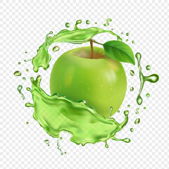 Green apple in splash. 3d realistic transparent apple juice splashing with drops. - 531743765