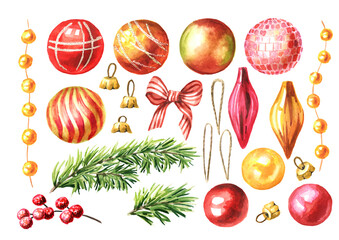 Christmas and Happy New Year  festive decor set. Hand  drawn watercolor illustration isolated, on white background