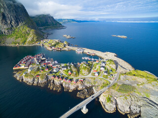 Aerial view of fishing village with traditional red rorbu in Hamnoy, Lofoten, Norway