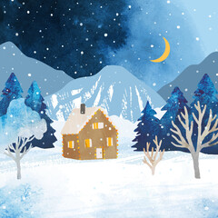 Fototapeta premium Watercolor Christmas vector illustration. Winter rural landscape with house, mountains and forest under night sky with moon. Watercolor design for christmas card, gift card, poster, banner
