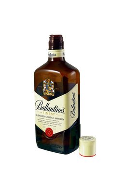 Bottle of Ballantine's Finest Scotch Whisky. The brand was established in 1827 when George Ballantine supplied whiskies to his clientele in Edinburgh -  illustrative editorial