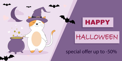 Halloween sale banner with witch cat with cauldron and bats