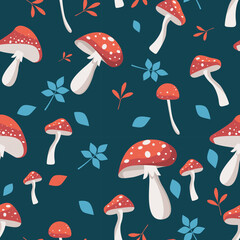Seamless pattern with fly agaric and leaves
