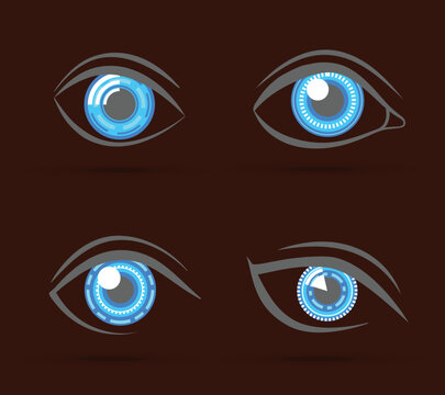 Decorative cyber robot digital look vision optic eyes set isolated vector illustration