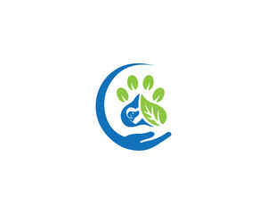 Unique Natural Pets Care Logo Design Concept. Hand Care Cat or Dog Paw With Leaf Vector Icon.