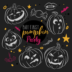 But the first pumpkin party, a set with funny pumpkins with different faces, decoration