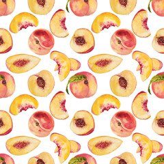 Watercolor peach slices pattern seamless. Juicy fresh fruit design for food printed design