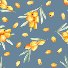 Obraz na płótnie Canvas Watercolor seamless pattern with sea buckthorn. Organic berries, vitamin and health life illustration