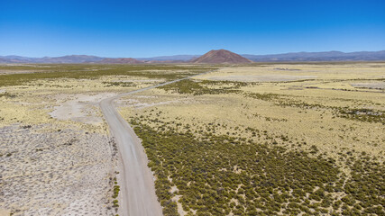 Aerial view of a dirt track in the desertic Puna region of Argentina