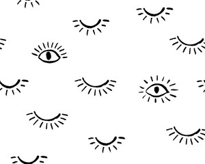 Hand crafted Black and white ethnic, geometric seamless pattern. Vector scandinavian background with ink eyes. Simple pattern. Perfect for fabric, wrapping paper, textile, home decor