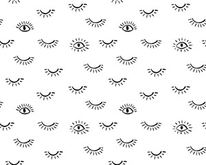 Hand crafted Black and white ethnic, geometric seamless pattern. Vector scandinavian background with ink eyes. Simple pattern. Perfect for fabric, wrapping paper, textile, home decor