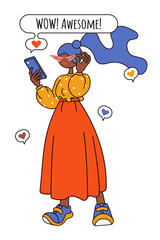 Young black woman with phone writes sms. Isolated vector illustration. Modern fancy texting girl with gadget. Flat character design. Cartoon colorful line art. Human person holding smartphone