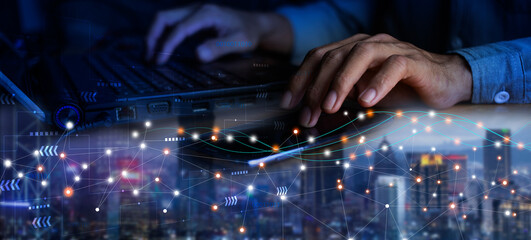 man using smartphone with internet network digital data and city, connection and communication technology, big data and  online marketing concept