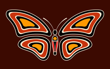 Butterfly. Aboriginal art style. Vector color illustration isolated on brown background.