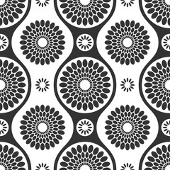 Seamless african fashion vector pattern with circles. Round shapes, wavy lines. Contrast print. Black and white illustration.
