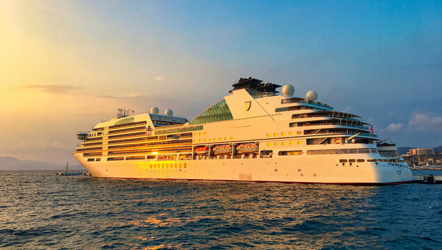 "Seabourn encore, Nassau" cruise ship at sunset in the harbor of Kusadasi, Aydin, Turkey, Turkiye. - 28 september 2022