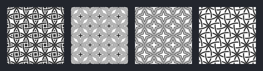 Set of four seamless vector patterns. Abstract vintage geometric seamless vector patterns collection. Modern stylish textures, geometric lattice ornaments. Black and white vector backgrounds.