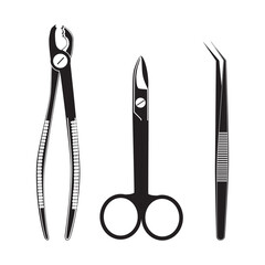 Dental tools black silhouettes. Extracting forceps, tweezers, scissors, vector.