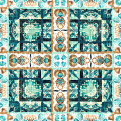 Teal beach house coastal style patchwork pattern tile. Modern nantucket summer printed fabric seamless repeat.