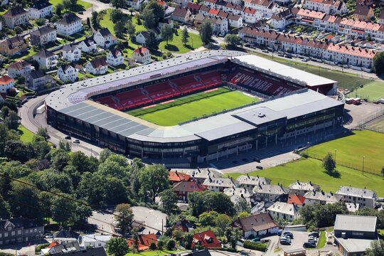 BERGEN, NORWAY - JULY 23, 2020: Brann Bergen football team stadium in Norway. Bergen is the 2nd largest city in Norway.