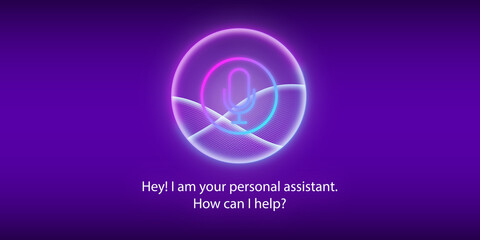 Artificial intelligence concept. Personal assistant. Voice recognition. Microphone with button.