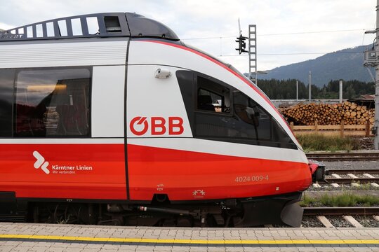 CARINTHIA, AUSTRIA - AUGUST 7, 2022: Bombardier Talent passenger train of Austrian Federal Railways OBB at Hermagor railway station in Carinthia, Austria.