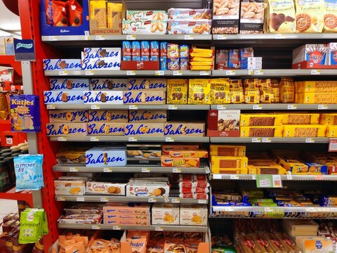 VIENNA, AUSTRIA - AUGUST 8, 2022: Austrian sweets section in Spar supermarket in Austria. Spar is a large supermarket chain originating from the Netherlands.