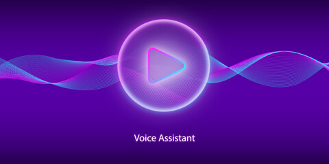 Play button icon. Artificial intelligence concept. Personal assistant. Voice recognition. Sound wave with imitation of voice or sound. Simulation of speech recognition. HUD. - obrazy, fototapety, plakaty