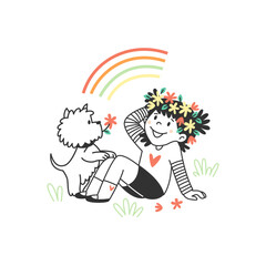 A cute little girl is playing with her dog. A child in a wreath of flowers sits on the meadow. Rainbow. Spring illustration linear flat style doodle.