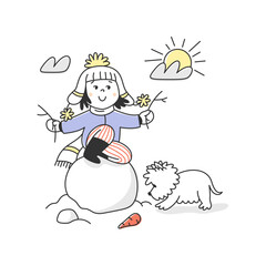 A cute little girl is playing with her dog. Snowman, owner, pet. Winter illustration linear flat style doodle.