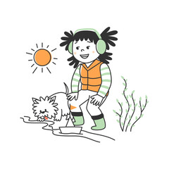 A cute little girl is playing with her dog. The child looks at the boat with a pet. Spring illustration linear flat style doodle.