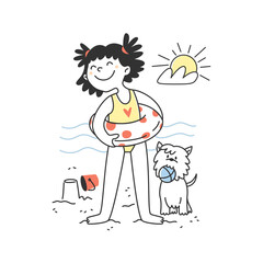 Cute girl on the beach with her dog. A child with an inflatable ring with a pet on the beach near the sea, ocean, river, lake. Summer illustration linear flat style doodle.