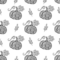 Seamless vector pattern with pumpkins and leaves. It is used for fabric making, wrapping paper, design and wallpaper. Vegetable autumn background of pumpkins and leaves. Beautiful ornament.Flat style.
