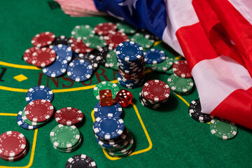 Casino. Gambling in the United States. poker chips, usa flag on blackjack table