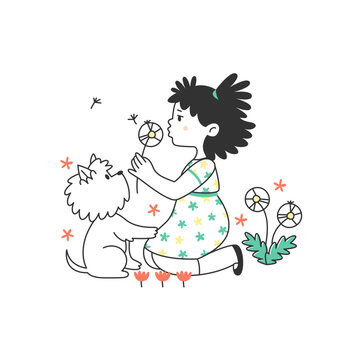 A cute little girl is sitting with her dog. A child with a pet in a clearing, a lawn with flowers. Summer illustration linear flat style doodle.