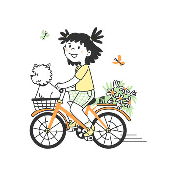 A cute little girl rides a bike with her dog. A child with flowers on a walk, a pet, butterflies. Spring illustration linear flat style doodle