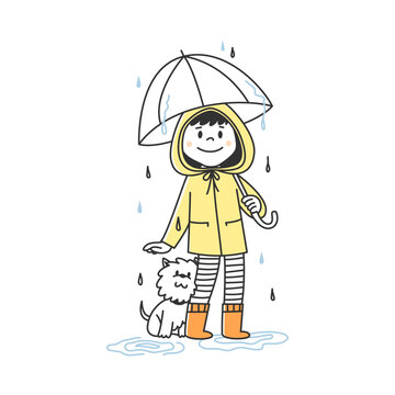 A cute little girl with her dog is standing in the rain. A child with a pet under an umbrella. Autumn illustration linear flat style doodle.