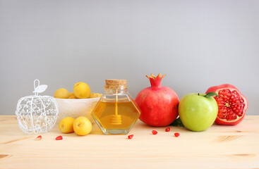 Rosh hashanah (jewish New Year holiday) concept. Traditional symbols