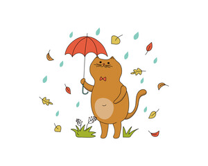 Fototapeta premium Cartoon cat with an umbrella. Rain, leaf fall. Autumn season. Pet, walk. Vector illustration. The background is isolated.