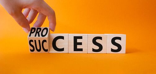 Process and Success symbol. Businessman Hand turns a cube and changes the word success to process....