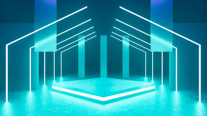 Futuristic Sci-Fi Abstract Blue Neon Light Shapes On Black Background And Reflective Concrete With Empty Space For Text 3D Rendering