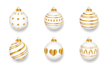 Gold Christmas ball with snow effect set. Xmas ball on white background. Holiday decoration template. Vector illustration