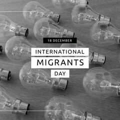 Composition of international migrants day text over black and white photo of lightbulbs