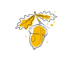 Acorn with doodle leaves on a white background