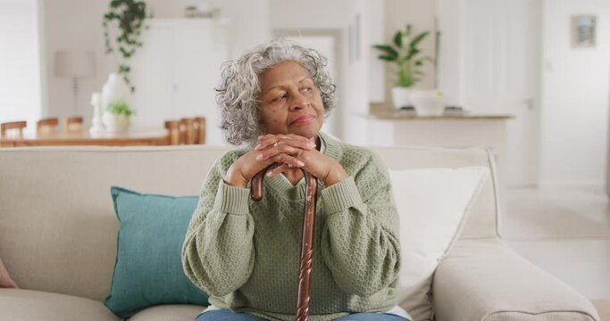 Portrait Of Happy Senior African American Woman Sitting On Sofa, Leaning On Walking Cane