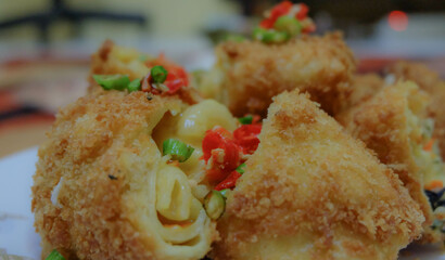 Risoles, a typical Indonesian heavy snack. Made from skin made from flour with a salty and savory vegetable ragout filling.